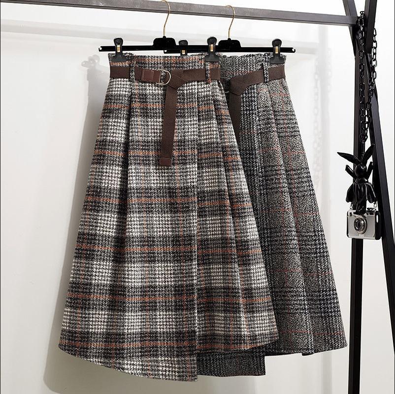 Women's Elastic High Waist Plaid Midi Skirt A Line Irregular Hem Woolen Skirt Vintage Retro Belted Bottoms 2026 Fall Plus Size Casual Skirt