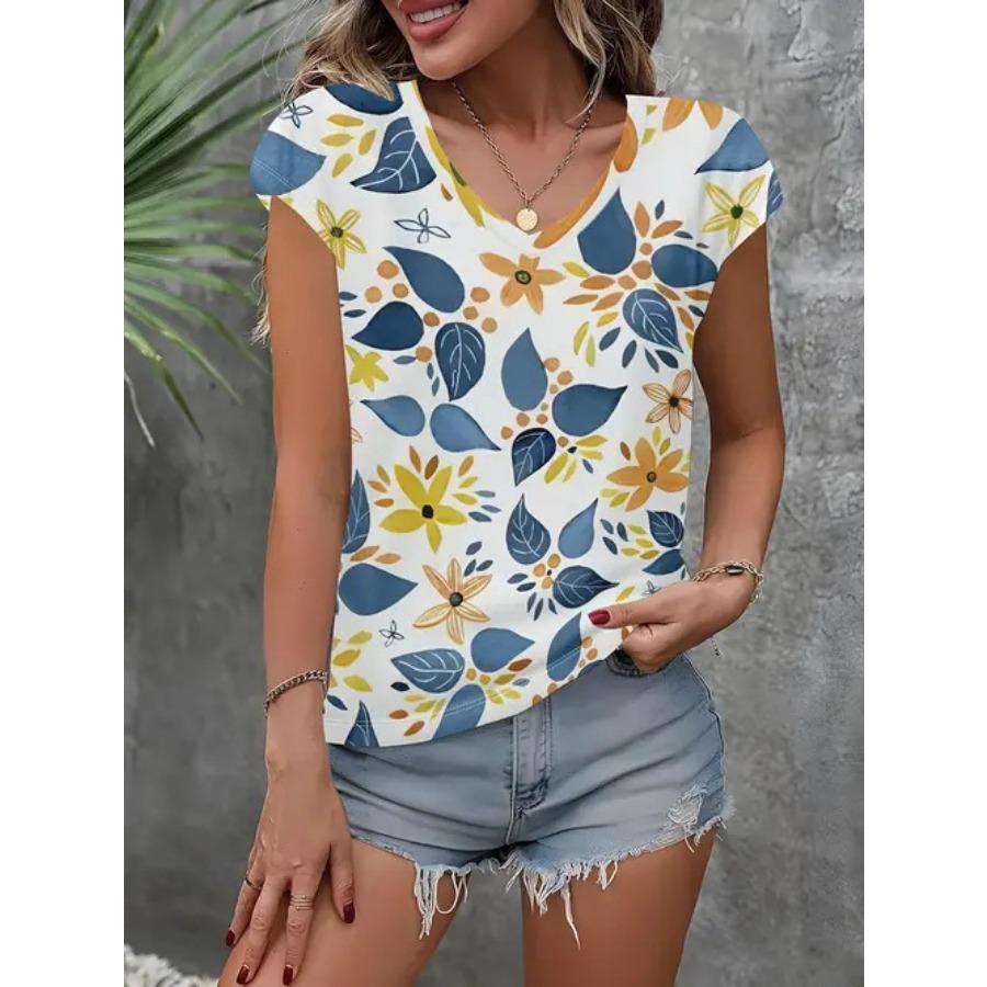 Camiseta vintage para mujer con estampado floral, manga corta, cuello en V, tops cómodos