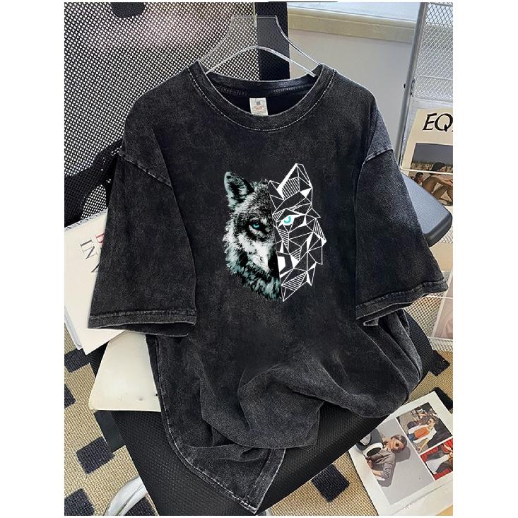 T-shirt da uomo pesante da 230 grammi, lavata, vestibilità ampia con stampa vintage, taglia grande