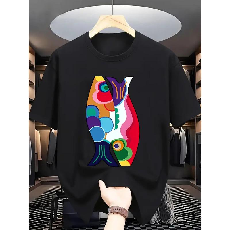 European Size Fish Pattern Print T-Shirt, Men'S Casual Short-Sleeve T-Shirt, 2D Fashion Print Men'S T-Shirt, Men'S Graphic T-Shirt