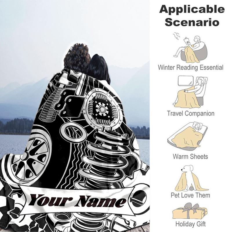 1PC Custom Name Automotive Parts Illustration Outdooor Flannel Blankets Throw Blanket All-Season Throw Gift Bedspread for Couch, Bed, Camping Holiday