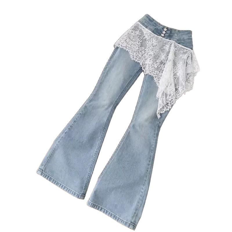 Autumn new lace splicing micro-pull jeans women's high waist, thin and tall Spice girl retro wide-leg trousers