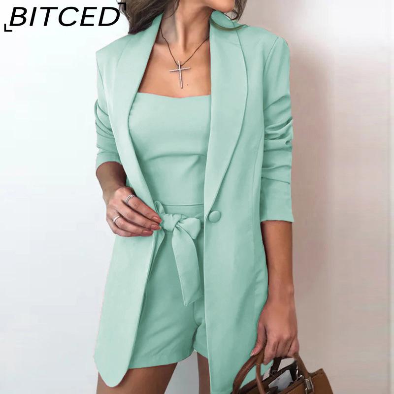 BITCED Spring Summer Solid-color Vest Suit Jacket, Elegant High-waisted Shorts Three-piece Women's Wear