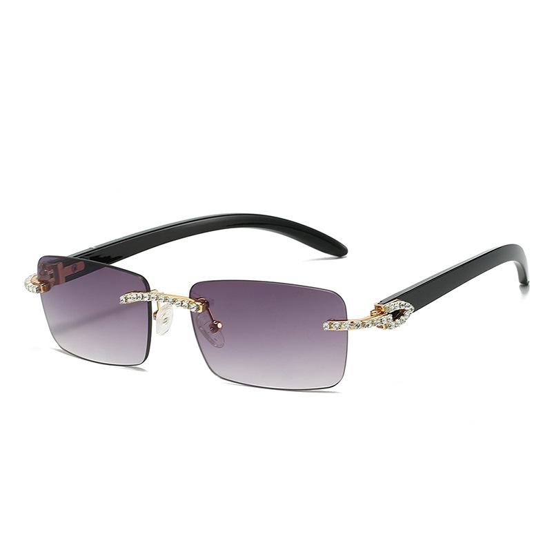 Frameless Trimmed Imitation Wood Grain Legs With Diamonds, Sunglasses, Men'S And Women'S Retro Trend Fashion Sunglasses