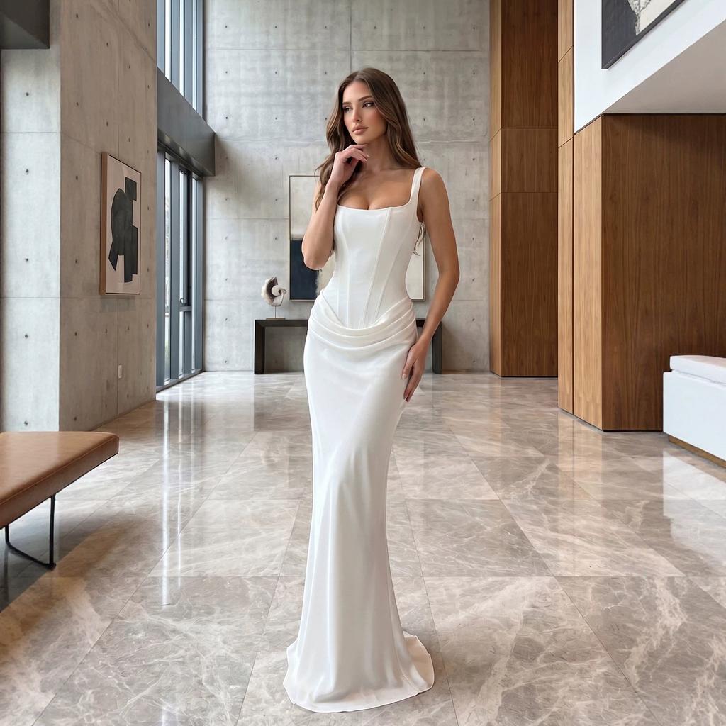 Women's new spring slim-fit fish bone suspender dress long dress solid color hip dress