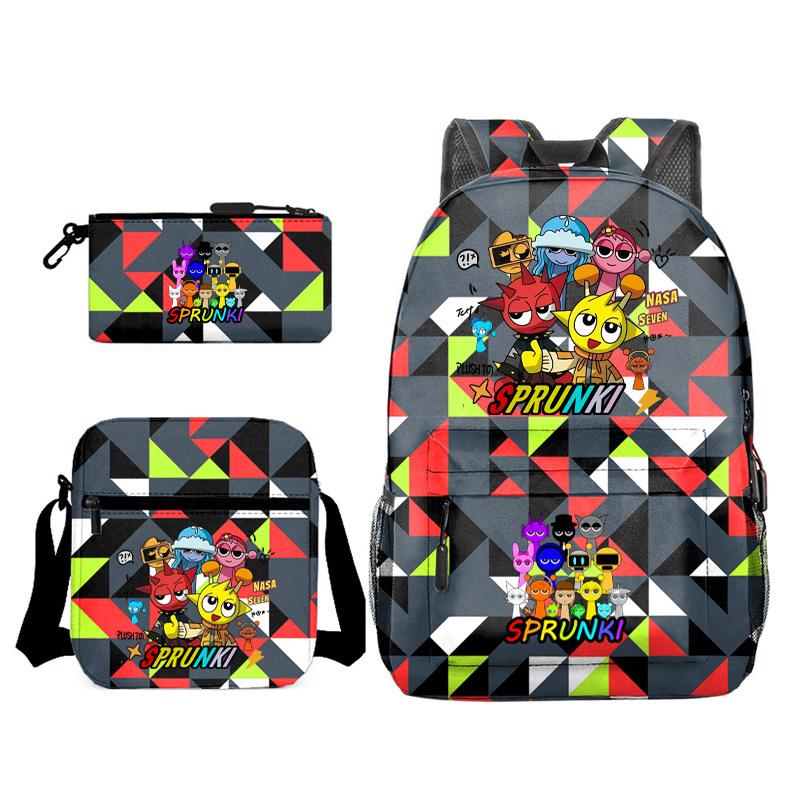New Rhythm Box Sprunki Music Game Schoolbag Backpack Pencil Case Three-piece Set Student Heat Transfer Backpack D