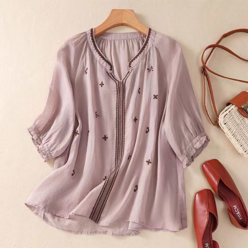 New Embroidered Retro Medium-sleeved Shirt Loose Temperament Casual Top