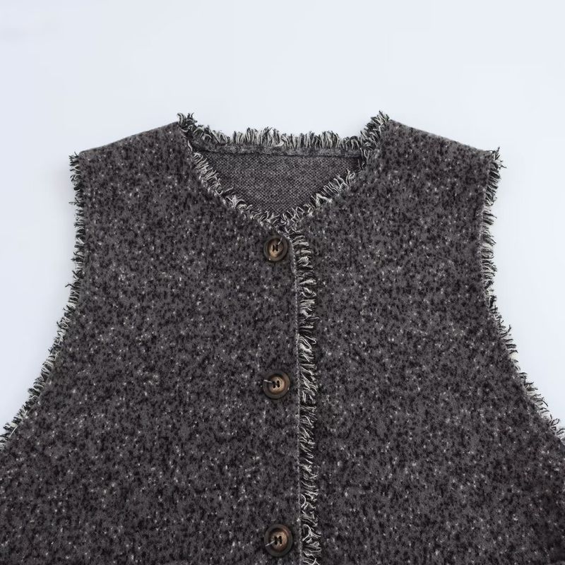 Kaslead New Women clothes Western Style Tassel Sesame Dots Single Breasted Pocket Sweater vest Vest