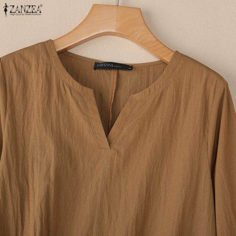 ZANZEA Women Casual V-Neck Solid Color 3/4 Sleeve Loose Blouse