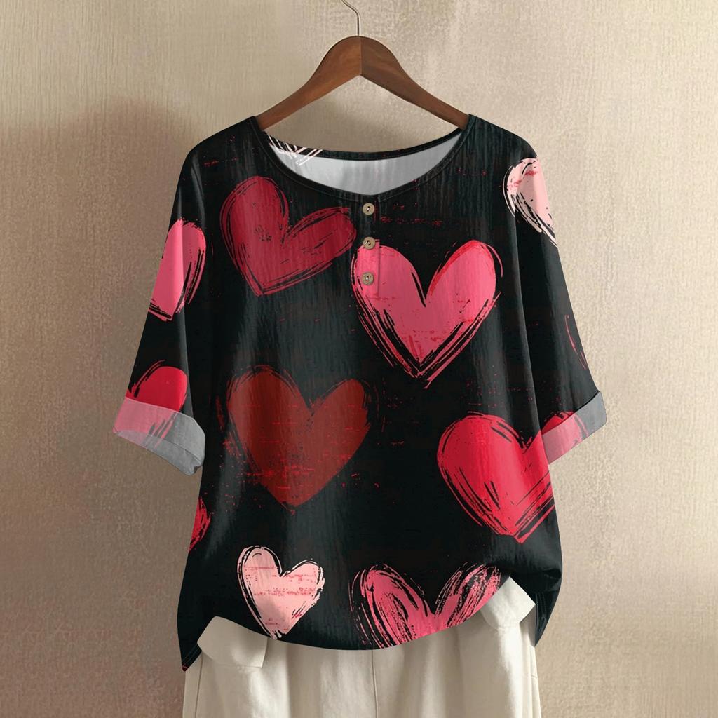 Damska casualowa i wygodna bawełniano-lniana bluzka z okrągłym dekoltem, średniej długości, z modnym nadrukiem