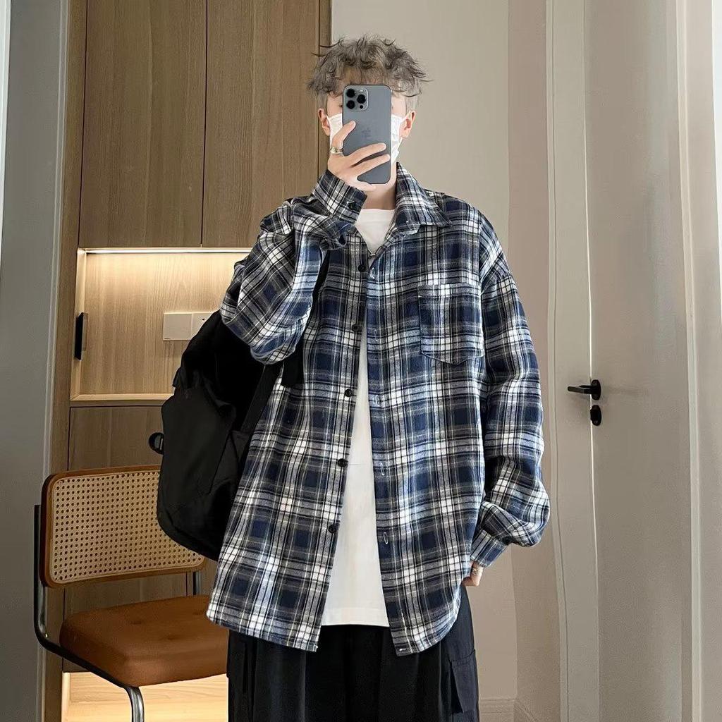 Unisex Retro Japanese Plaid Long-Sleeve Shirt - Trendy Hong Kong Lazy Style
