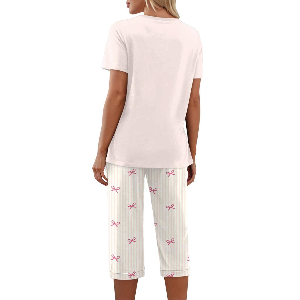 Damen Pyjama-Set mit Aufdruck, kurzärmelig - Lässiges zweiteiliges Nachtwäsche-Set mit Hose