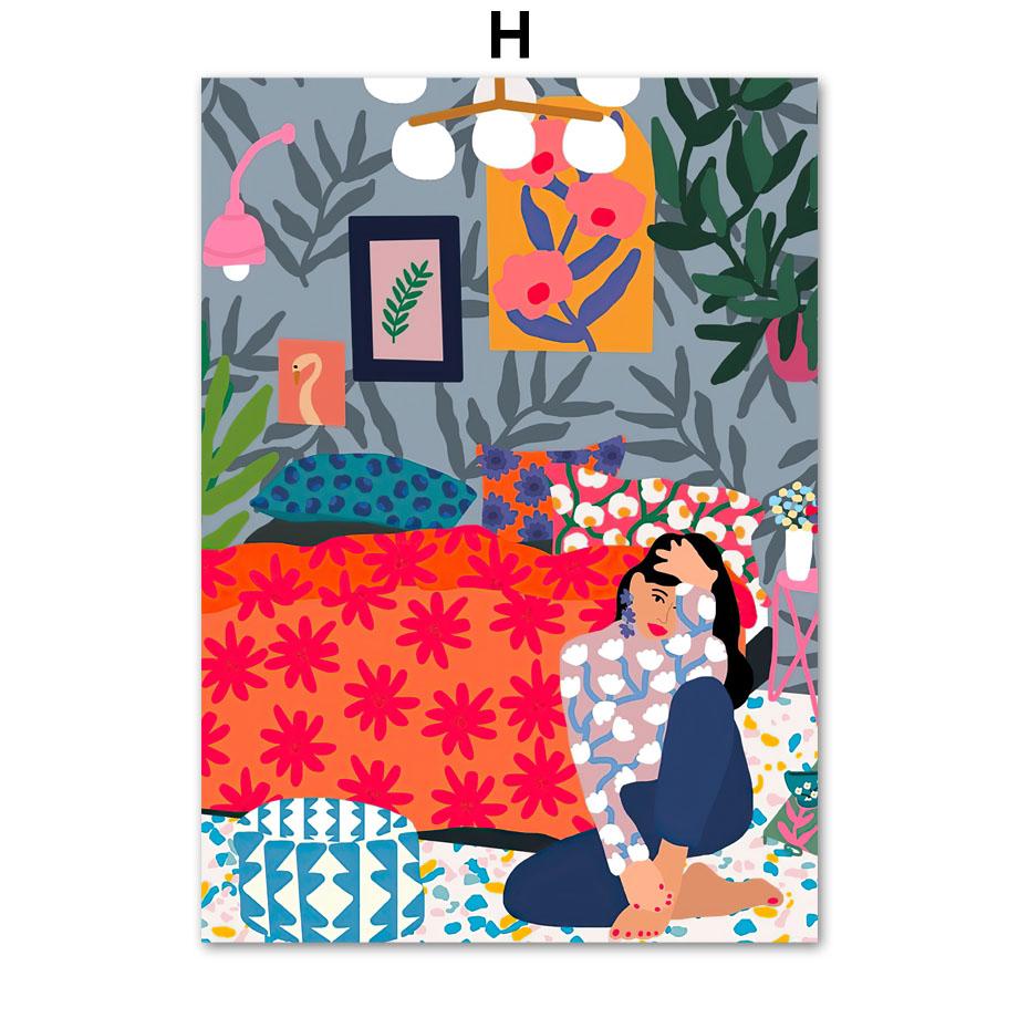 Nordic Retro Poster Boho Abstract Colorful Girl Flower Leaf Animal Wall Art Print Canvas Painting Decor Pictures For Living Room