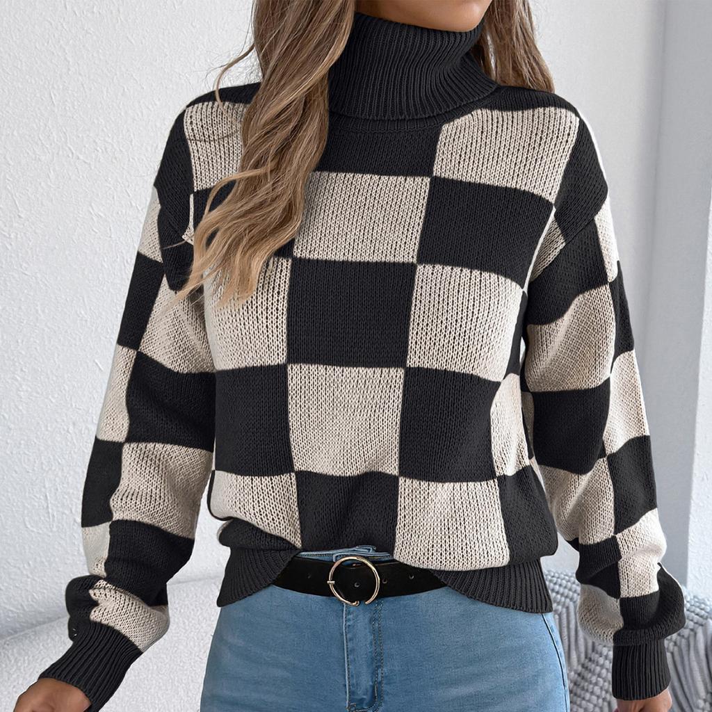 Women's Casual Turtleneck Contrasting Plaid  Long Sleeve Sweater