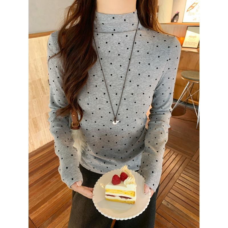 Semi-turtleneck Velvet Thickened Good-looking Korean Bottoming Shirt Women's Inner Winter New Long-sleeved Shirt Premium Polka Dot Top