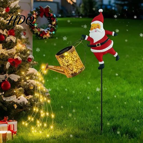 Waterproof Solar Path Lighting Christmas Santa Kettle Light Solar-Powered Claus Watering Can Stake Lamp Decorative Yard Stakes with LED String,