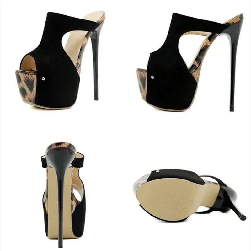 Fashion Sexy Leopard Print Peep Toe 16cm High Sandals Women Extreme High Heels Slippers Women Platform Sandals Summer Party Banquet Shoe