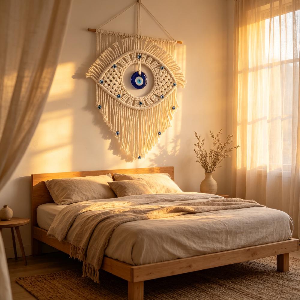 Evil Eye Macramé Wall Hanging - Handmade Boho Tapestry - 33x28cm - Lucky Amulet For Home & Bedroom
