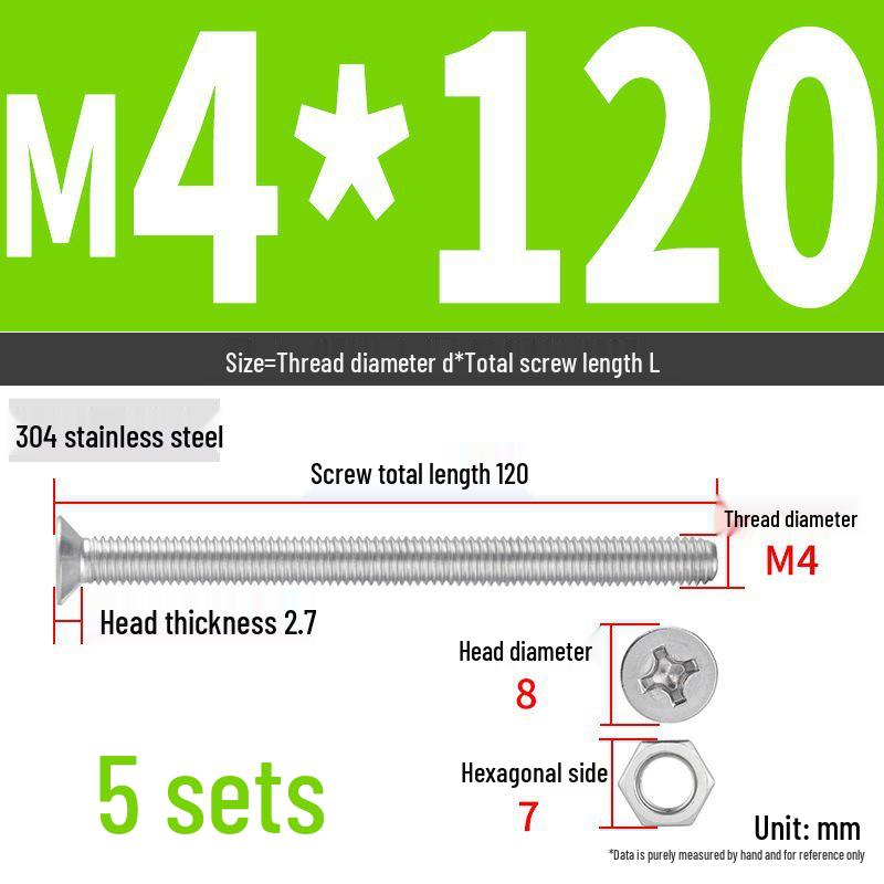 304 Stainless Steel Extra Long Phillips Flat Head Screws and Nuts Set (2M, 3M, 4M)