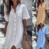 Women Casual Short Sleeve Shirt Dress Loose Pocket Button Down Midi Beach Cover Up Tunic Dress 3275#