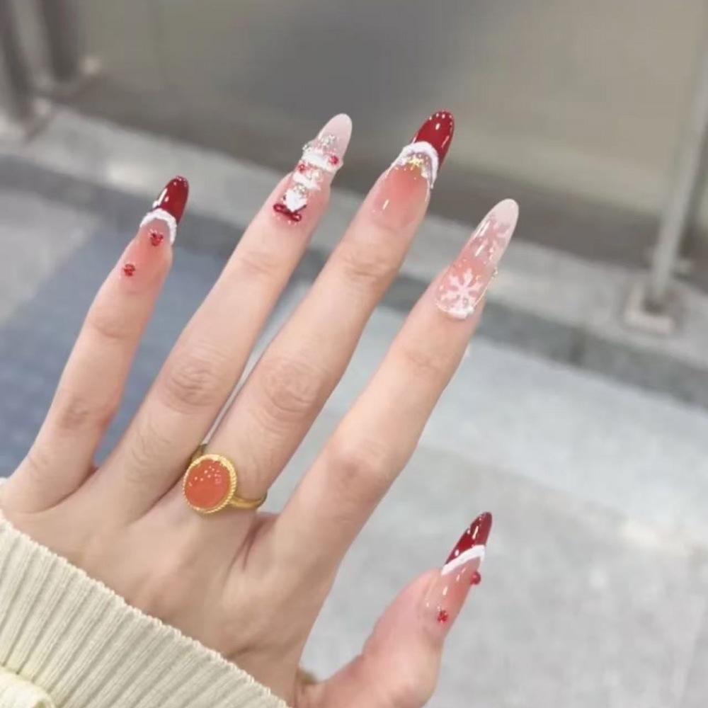 Festive French Press-on Nails - Christmas Tree, Bow Knot, Pearl, Rhinestone Design