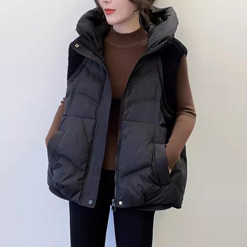 

Knitted sleeve down vest women s 2025 winter new fashion hooded design warm small outer vest L чорний