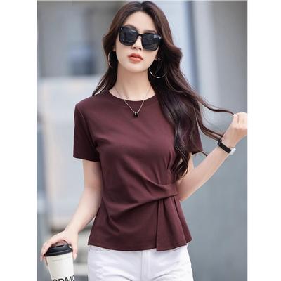 T-shirt à manches courtes design mode femme été 2025 nouveau irrégulier couvrant le ventre légèrement gros et mince niche top