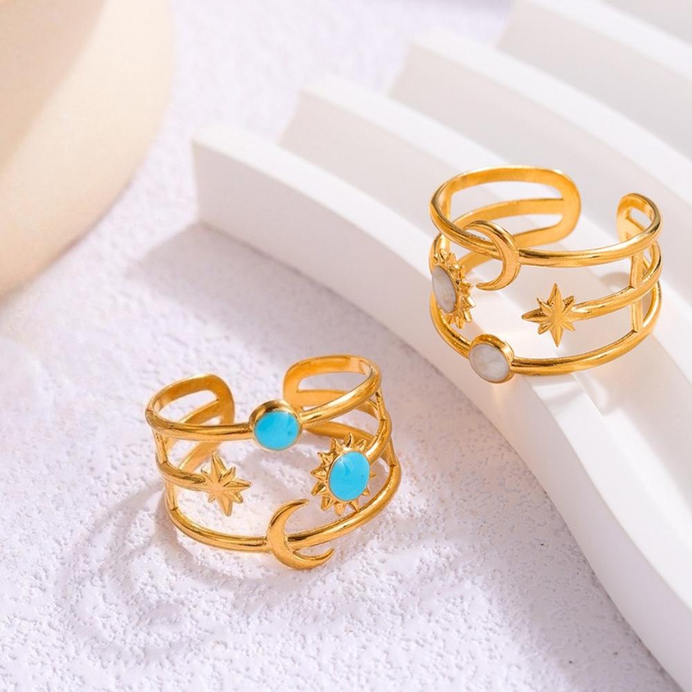 Anéis Ajustáveis em Aço Inoxidável com Design de Três Espirais Estrela Lua Sol Anel Aberto Turquesa para Homens Mulheres Joia Exquisita Presente