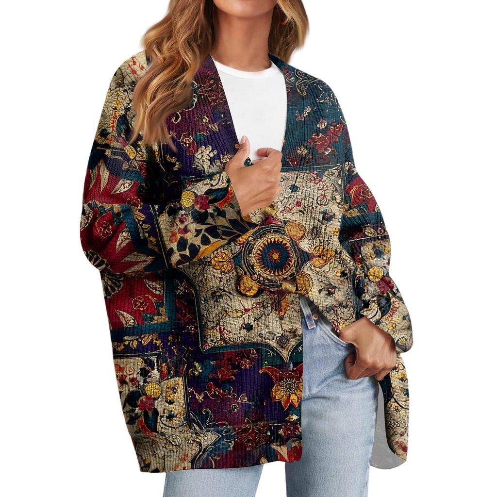 Women's Fashion Long Sleeve Print V-Neck Button Loose Cardigan Top
