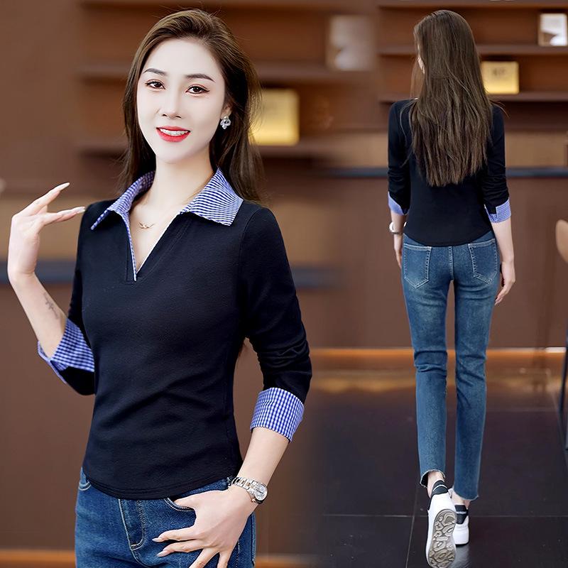 Women's Versatile Two-Piece Look Stitching Polo - Slimming Long Sleeve Top for Spring 2025.