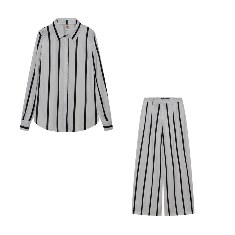 

Модный стиль Модная женская одежда Принт Полоски Рубашка Наряд Комплект из двух частей Длинные рукава Свободный Прямые брюки Повседневный костюм Мода White 2XL