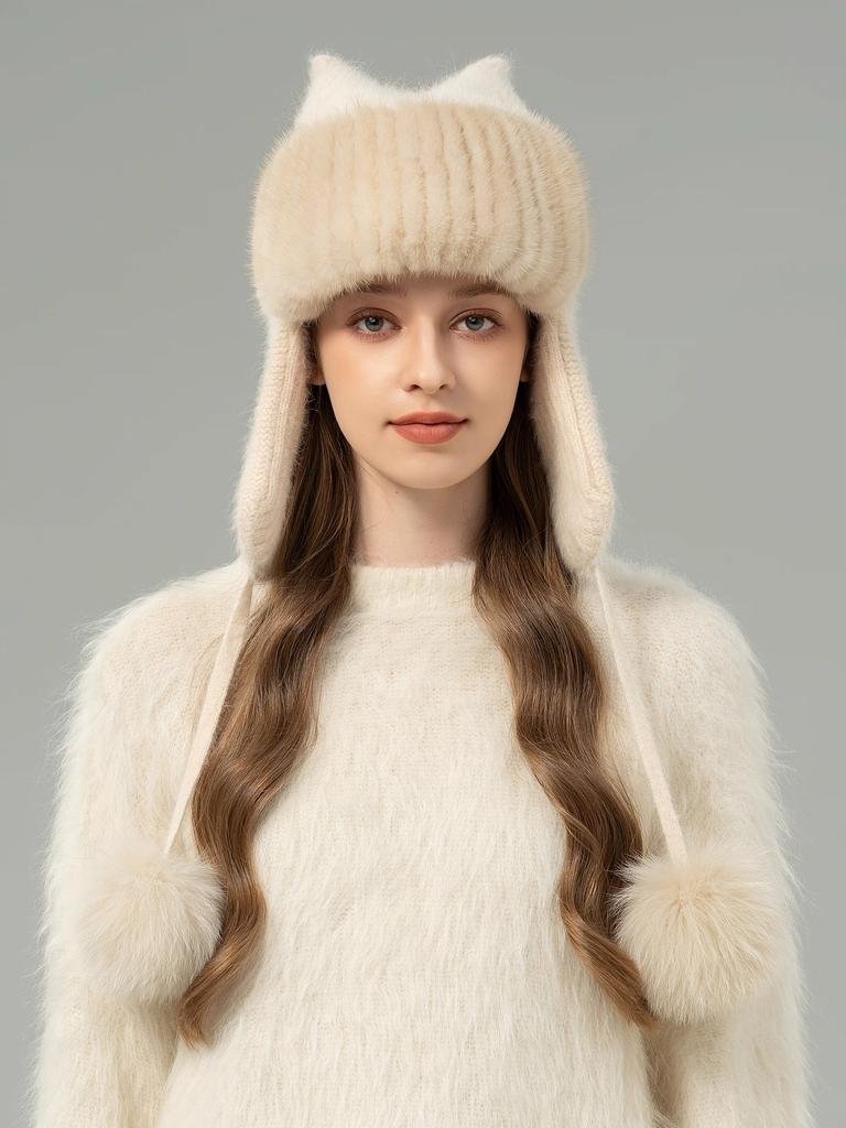 Women's Knitted Wool Beanie Hat with Mink Fur Pom Pom Hand Embroidery Adjustable Wool Blend Fabric for Travel
