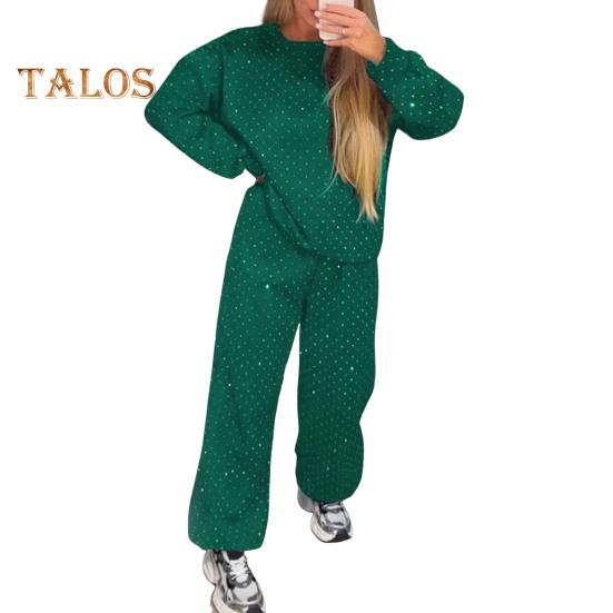 2 Teile/satz Damen Top Hosen Anzug Rundhals Langarm Strass Dekor Sweatshirt Elastische Taille Weite Bein Hose Alltagskleidung Sport Outfit Herbst