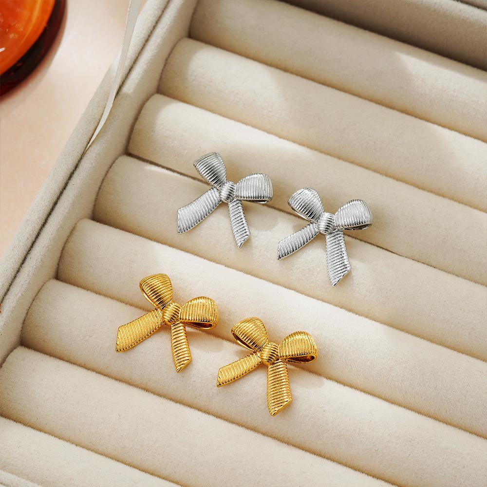 Fashion Striped Texture Bow Knot Stud Earrings for Women Gold Plated Stainless Steel BowKnot Waterproof Jewelry