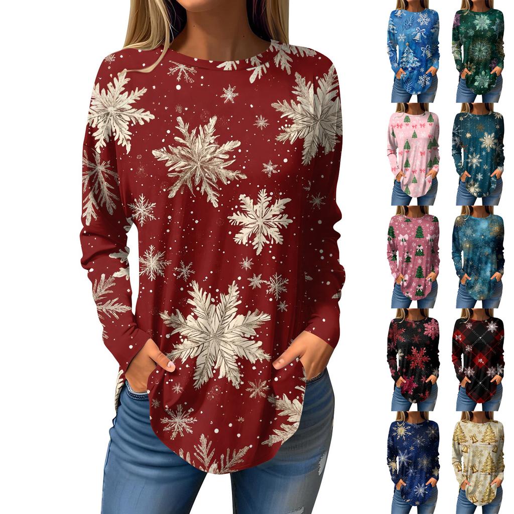 Tee Shirts For Women Casual Round Neck Long Sleeve Shirts Christmas Printing Top Pullover