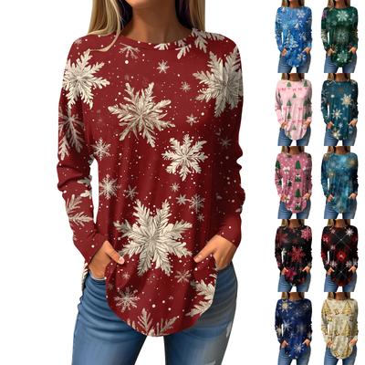T-Shirts für Damen Lässige Rundhals Langarmshirts Weihnachts-Druck Top Pullover