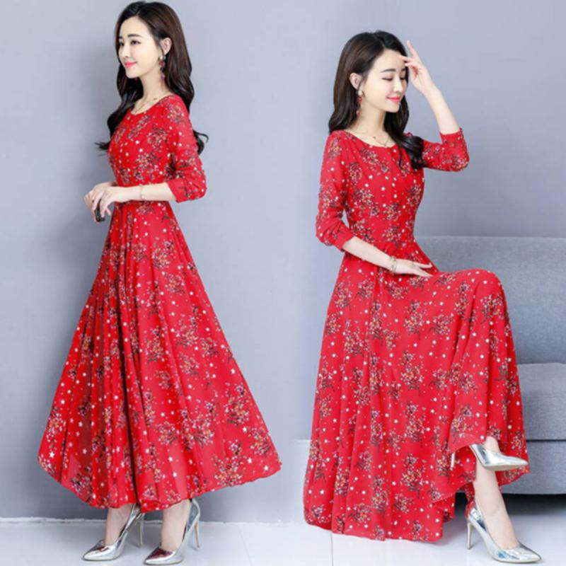 Jaro Nový Korejský Styl Rozšířený Styl Potisk Rozšířené Šaty Dlouhý Rukáv Nad Koleno Kulatý Výstřih Plážová Sukně
