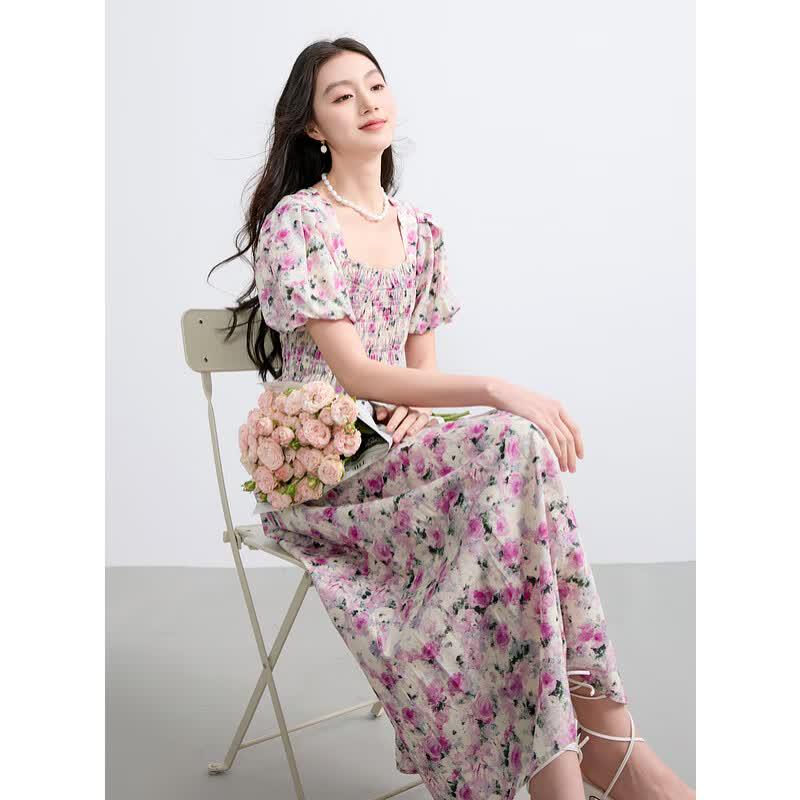 Sancai French Square Neck Floral A-Line Maxi Dress
