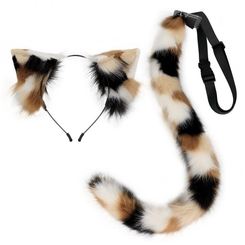 Plush Calico Cat Ear Headband With Tail Set Cosplay Anime Convention Costume Accessory