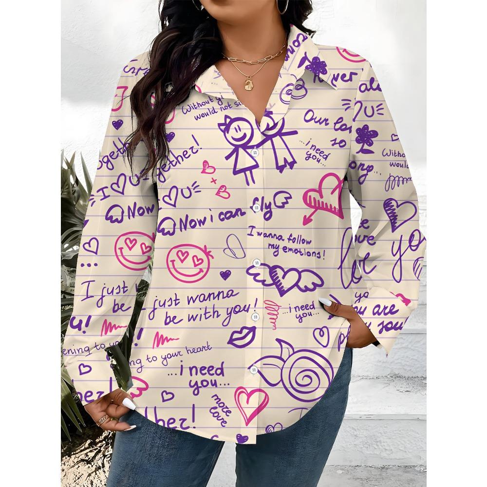 Large size women's long-sleeved shirt, romantic style printed shirt, love element medium and long style