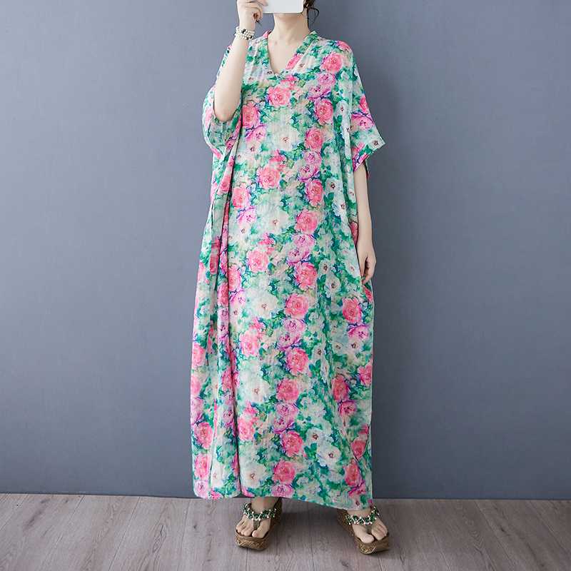 Summer Color Travel V-neck Retro Long Skirt Cotton Linen Dress