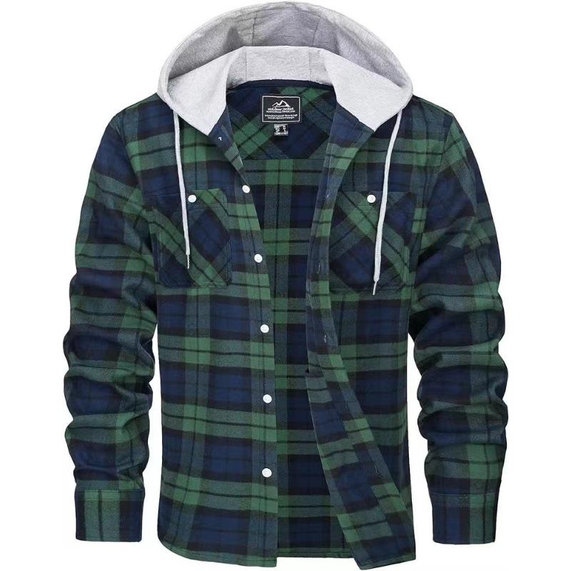 Pánská flanelová košile na podzim a zimu, bavlněná košile s dlouhým rukávem s kostkovaným vzorem, ležérní košile s kapucí