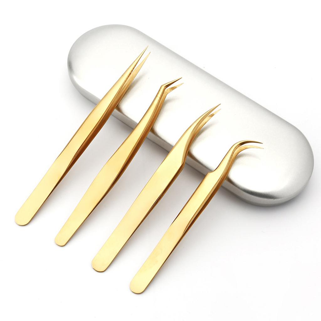 Gold Color Stainless Steel Eyelash Extension Tweezers Curved Straight Lashes Tweezer Eyelashes Nail Makeup Tools