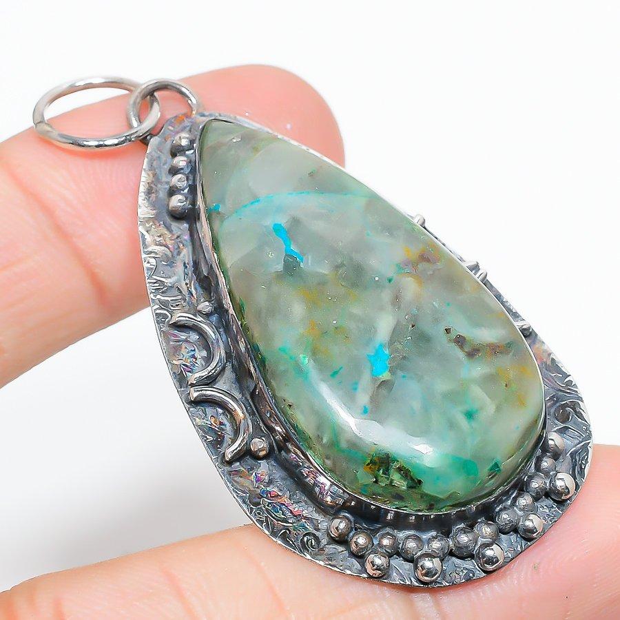 

Подвеска ручной работы из стерлингового серебра 925 пробы с натуральным драгоценным камнем хризоколла 2,48 дюйма i1Y54