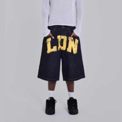 DRIPX Jorts in Denim con Stampa Lettere Vintage da Donna Neri Gotici Y2k Larghi Jorts in Denim Retrò Hip Hop Grunge Gamba Larga Pantaloncini di Jeans Streetwear