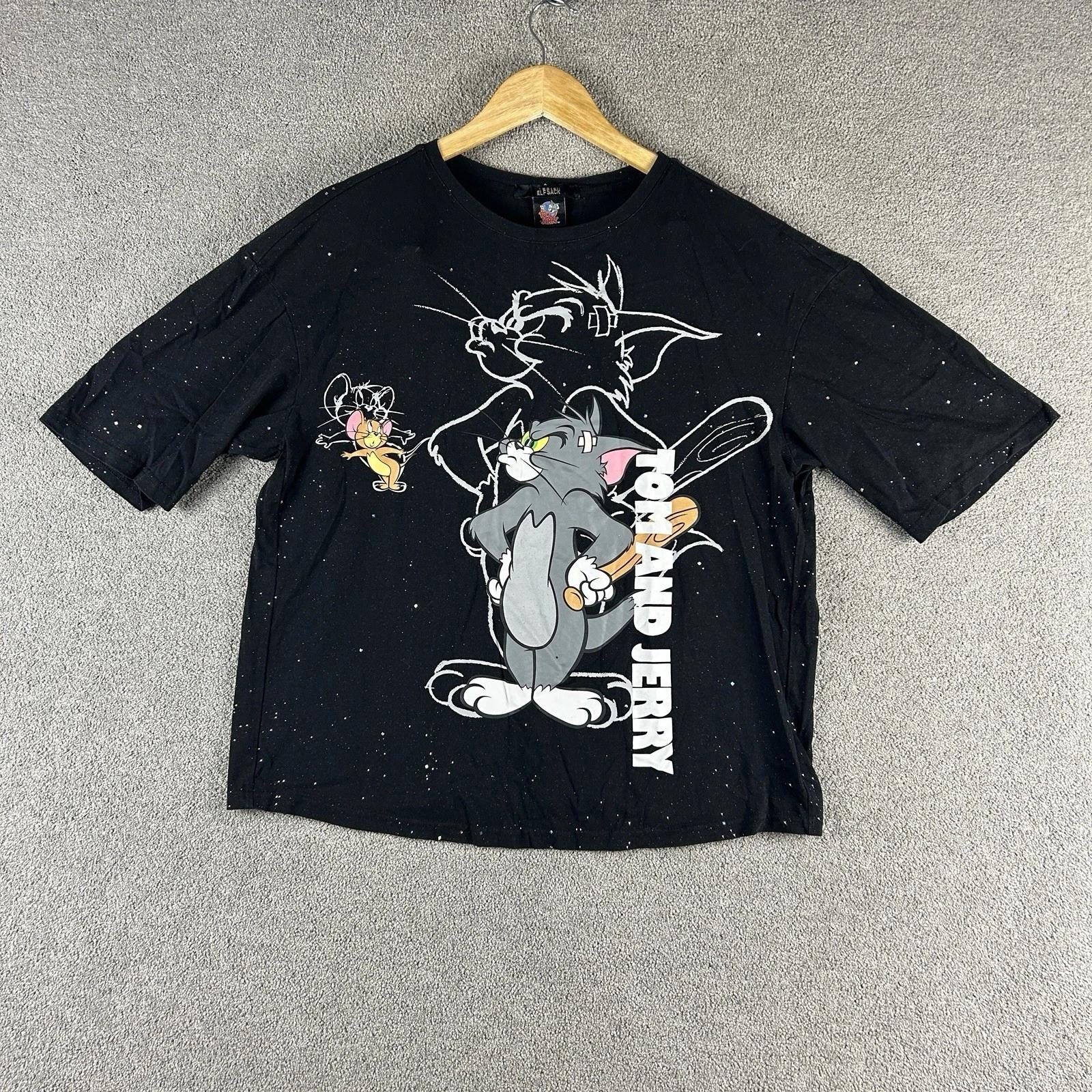 

Elf Sack Tom & Jerry Graphic T-Shirt M Black Cartoon Tee Speckled Oversized XL