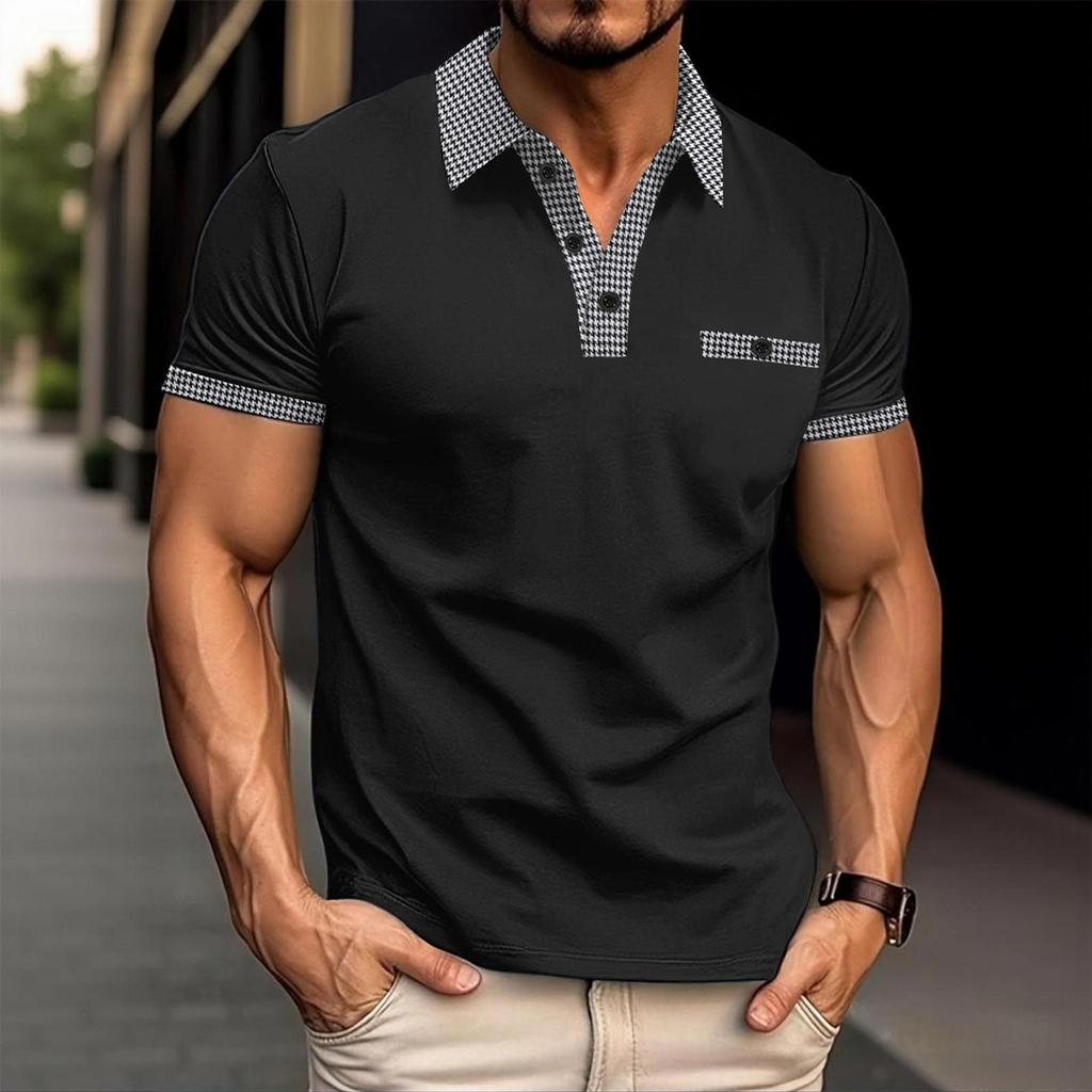 Polo Estiva da Uomo a Colore Unito Manica Corta Casual Traspirante Leggera Misto Cotone Top con Collo e Polsini a Quadretti