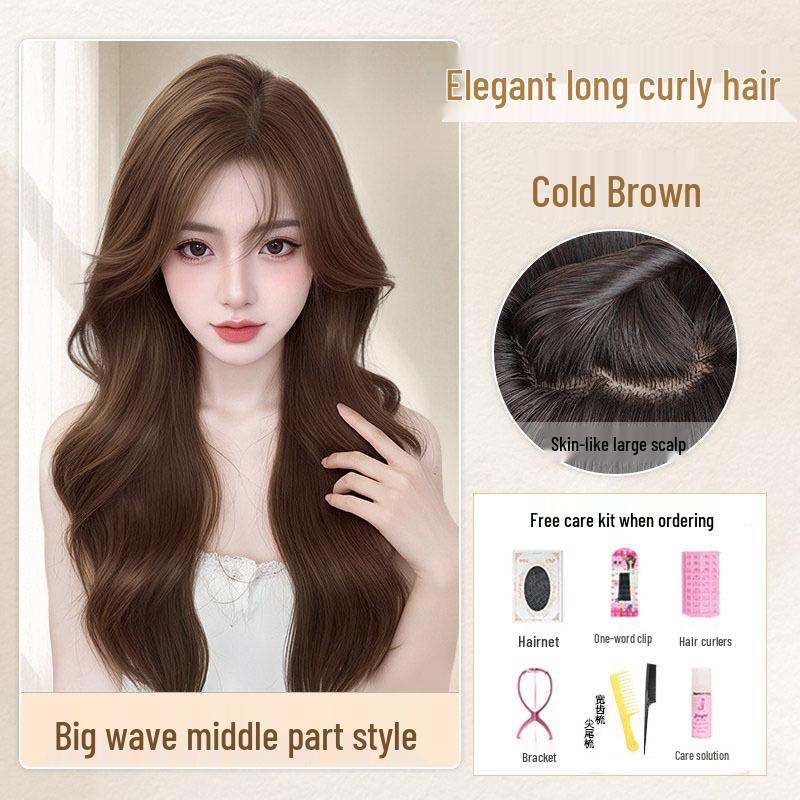 Women's Natural Long Full Cap Wig with Realistic Large Waves and Seamless Middle Part Bangs