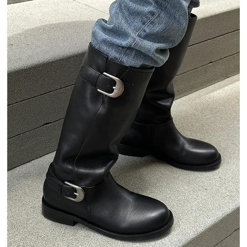 Women's Boots French Retro Belt Buckle Long Leg Knight Boots  New British Style Patchwork Pleated Calf Comfort Botas Mujer