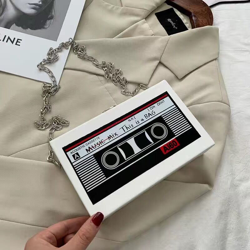 

Women Shoulder Bag Tape Recorder Women s Bags Cute Funny Cartoon PU Leather Chain Crossbody Bag Female Day Clutches Bag C172